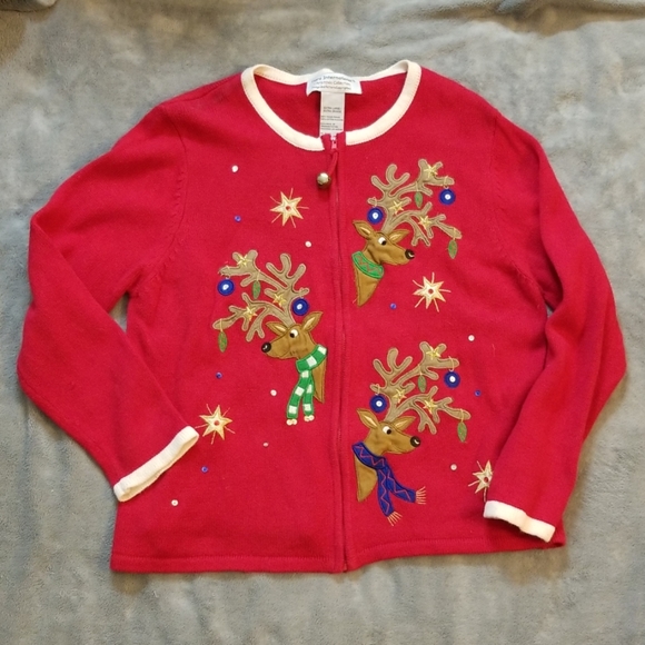 TIARA INTERNATIONAL UGLY CHRISTMAS SWEATER ZIPPER REINDEER BELLS SEQUIN - Picture 1 of 5